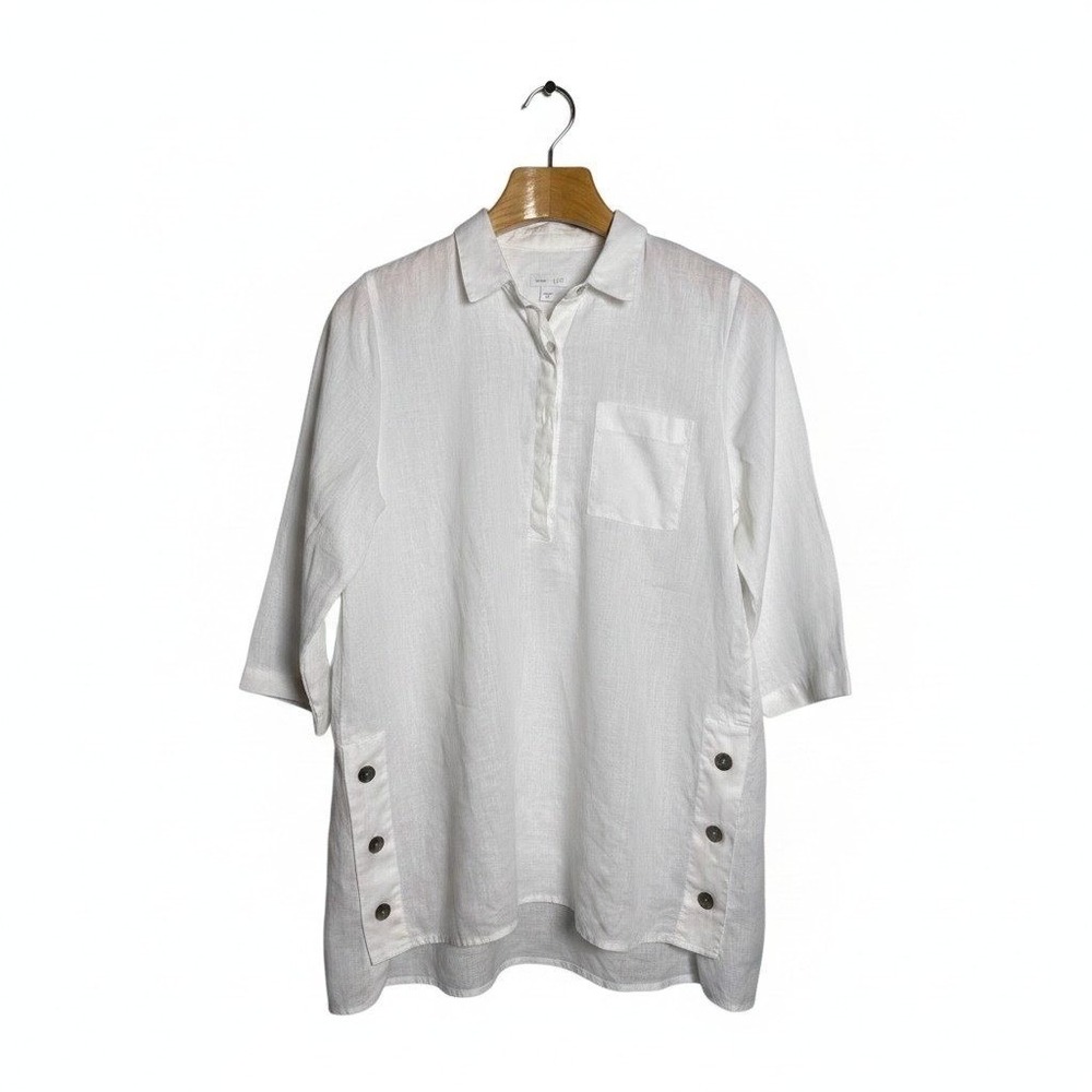 J. Jill Love Linen White Tunic Top Side‎ Button 3/4 Sleeve Shirt Womens Medium